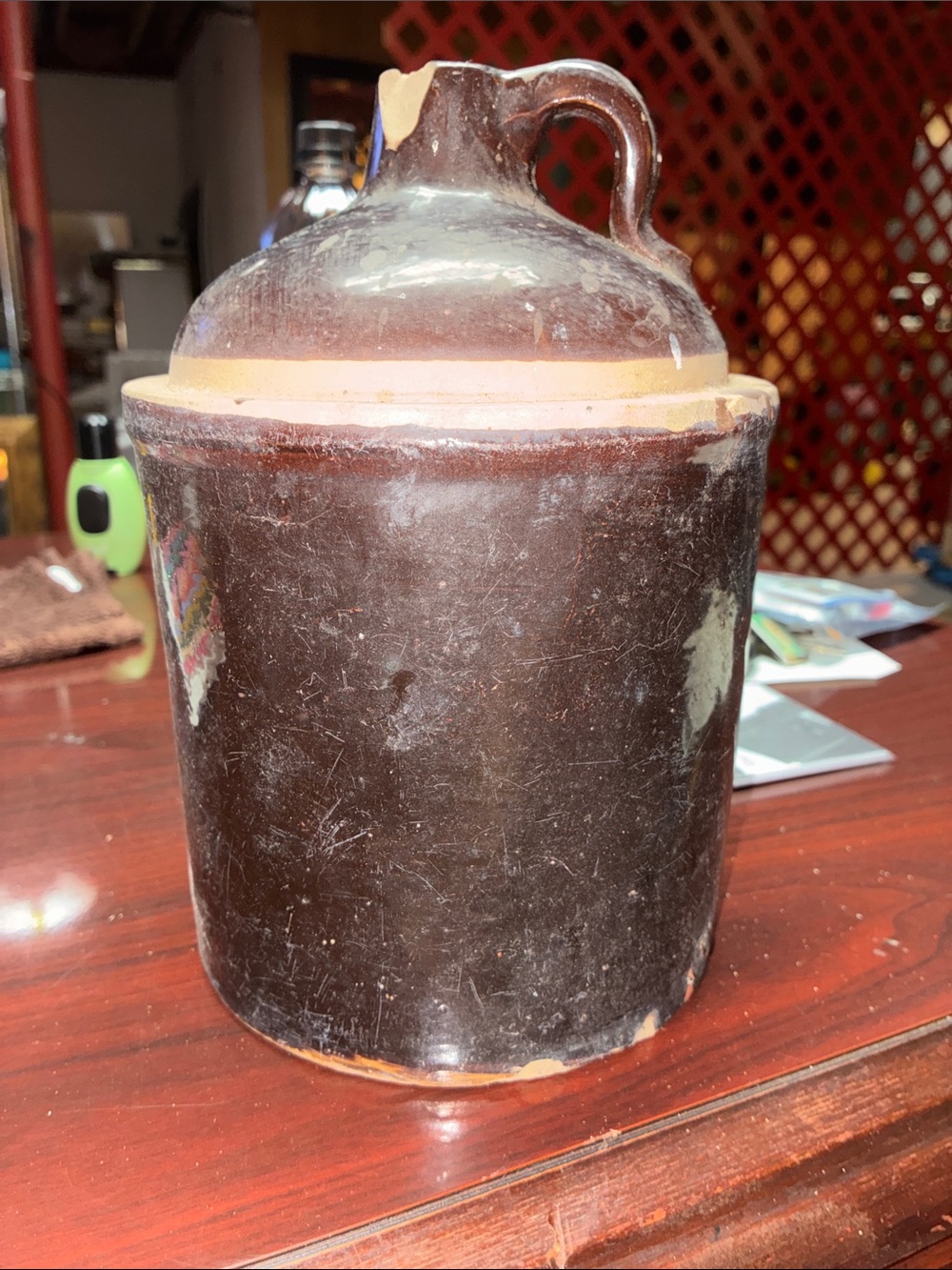 Vintage Brown Stoneware Jug Crock with Handle.  Whiskey Jug.